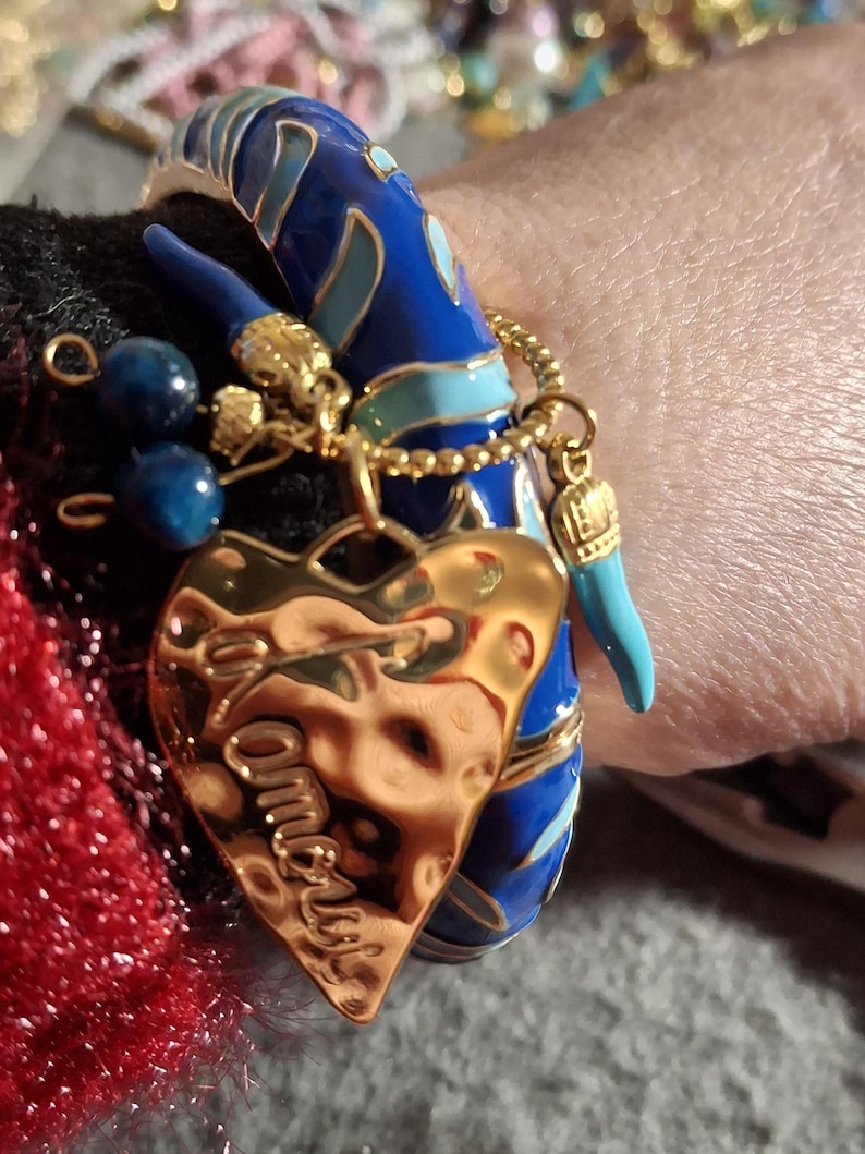 Beautiful rigid spring ring of very high quality with colorful blue enamel and charms - a perfect birthday gift image 1