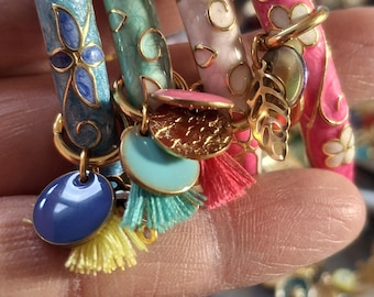 cloisonné bangle bracelet with colorful enamel flower motif and lucky charms, perfect gift for birthdays, Mother's Day, and Christmas.