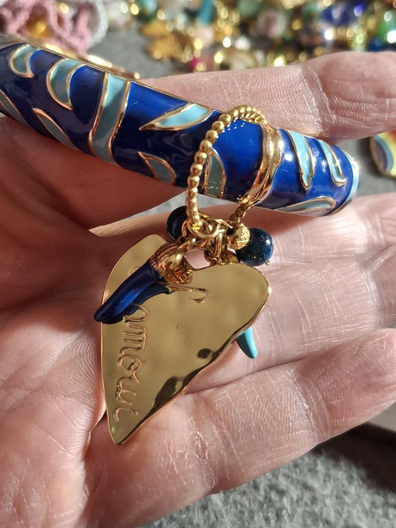 Beautiful rigid spring ring of very high quality with colorful blue enamel and charms - a perfect birthday gift image 5