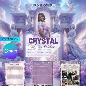 Editable 4-Page Purple Funeral Program Template | Celebration of Life | Memorial Prayer Card | Custom Photo Funeral Program | Edit On Canva