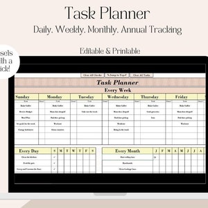 Puede incluir: Una pantalla de portátil que muestra un planificador de tareas digital. El planificador está organizado por seguimiento diario, semanal, mensual y anual. El texto en la pantalla incluye "Task Planner" y "Editable & Printable."