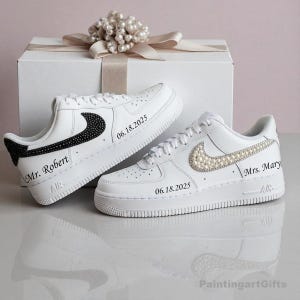 Custom Matching Wedding Sneakers for Couples, Pearl & Rhinestone custom Air Force 1, Bride And Groom Pearl Crystal Shoes, custom bride shoes