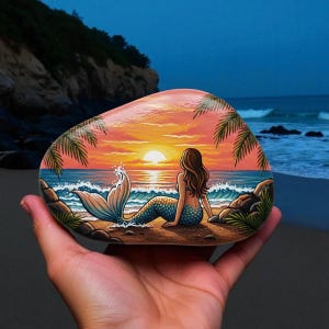 Mermaid Sunset Painted Rock, Hand Painted Beach Stone Art, Hand Painted Mermaid Stone, Ocean Sunset Rock Art, Tropical Beach Mermaid