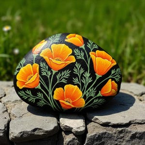 California Poppy Painted Rock: bloemensteenkunst
