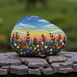 Wildflower Stone Art, Hand Painted Rock for Nature Lovers, Rustic Home Decor, rock painting art, Gift for mama, hand painted stone
