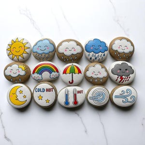 Pierres d'histoire météo, jouets météo éducatifs, outils d'apprentissage de la météo, pierres symboles météo, enseignement de la météo pour les enfants, cadeau éducatif