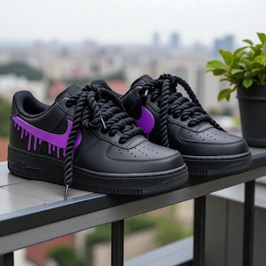Black Custom Air Force 1 with Purple Drip Swoosh, Bold Rope Laces Streetwear Air Force 1, Drip AF1 in Black & Purple, Custom Street Sneaker