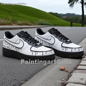Schwarzweiss-Luftwaffe 1, Benutzerdefinierte Graffiti-Stil AF1, handgemalte Streetwear-Schuhe, minimalistischer Befeuchter