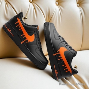 custom air force 1 black, Black Air Force 1 Custom, Orange Drip Swoosh Sneakers, Hand Painted Black AF1, Back to School sneakers, Kids shoes