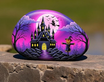 Castle halloween Painted Rock, Halloween Witch painted rock, castle rock art, halloween painted rock, hand painted halloween, halloween art