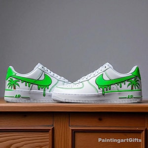 Tropical Palm Tree Drip Air Force 1, Custom Green Swoosh AF1, Hand Painted Beach Vibe Sneakers, Summer Custom af1, Palm Tree Drip Custom AF1