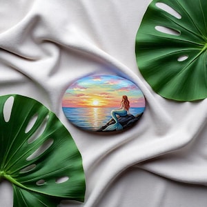 Mermaid Painted Rock, Mermaid Watching Sunset, Sunset Mermaid Art on Stone, Ocean Sunset with Mermaid, Souvenir gift, Mermaid rock art