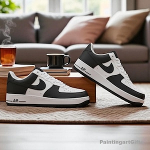 Custom Black and White Air Force 1, Minimalist Custom Air Force 1, Monochrome Classic Air Force 1, Custom black swoosh sneakers