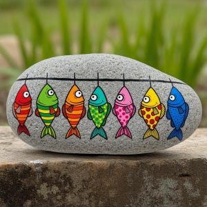 Colorful Fish Painted Rock, Ocean Art Stone, Hand Painted Rock with Cute Fish, Hanging Fish Painted Stone, fish rock painting, Fist rock art