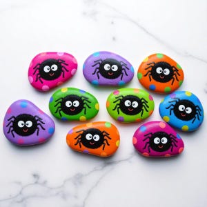 Cute spooky painted rocks, halloween spooky rock art, Colorful Halloween Decor Set, halloween spooky rocks, Hand Painted Spider Pebbles