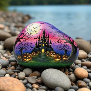 Halloween Painted Rock, Spooky Halloween Rock painting, Hand Painted Scarecrow, Hand Painted Halloween Rock, halloween home decor, rock art
