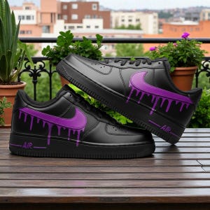 Custom Drip Air Force 1, Hand Painted Purple Drip Sneakers, Custom black sneakers, Hand Painted Sneakers, Custom purple Swoosh Sneakers