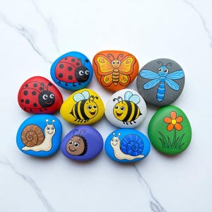 Bug Painted Rocks Set, hand painted ladybug rock, bee snail butterfly stones, bug themed gift for children, Garden Bug Painted Stones
