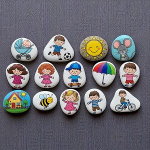 Hand-Painted Story Stone Set: Educational River Rocks for Toddlers