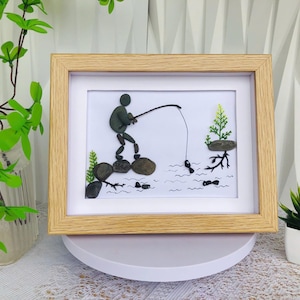 Framed Handmade Pebble Art for Fisherman – Custom Fishing Rock Art, Gift for Dad or Grandpa, Rustic Cabin Decor, Fishing Lover Wall Art