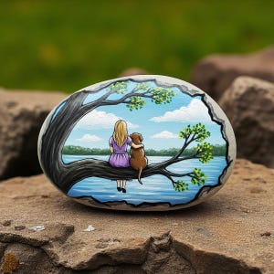 Girl and Dog Painted Rock, dog and girl painting, pet lover gift rock, friendship art stone, girl with dog gift, emotional dog art