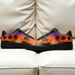 Tropical Sunset Custom Air Force 1, Custom AF1 Black with Palm Trees, Custom Black Sneakers with Sunset,  tropical custom air force 1 shoes