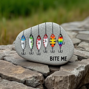 Bite Me Fishing Lures Rock Art, Funny Fishing Painted Rock, Hand Painted Fishing Rock, Fishing Lover’s Gift, Fishing Painted Rock