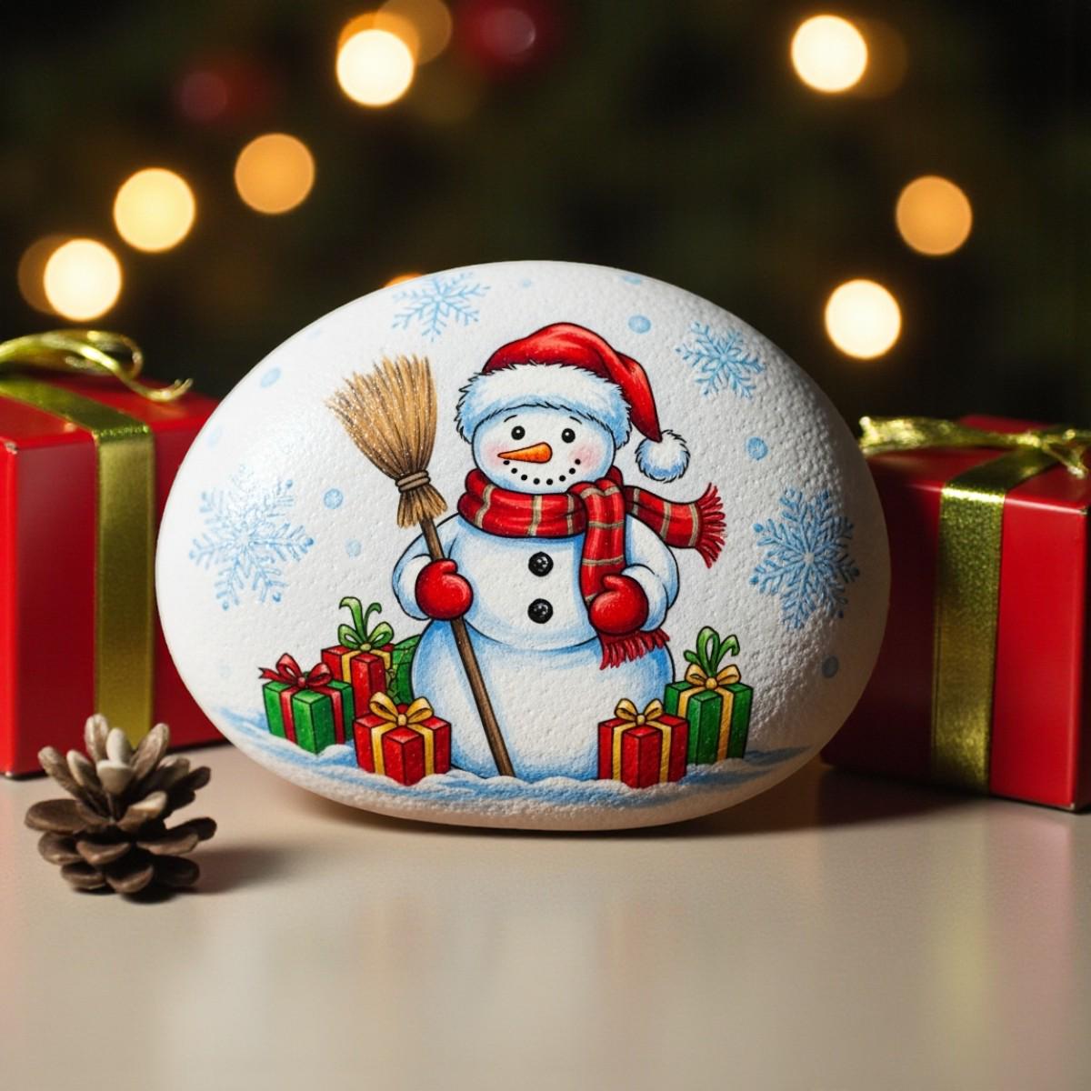Bonhomme De Neige Peint Sur Roche Par M. Glass - Décoration De Noël 5 Cm