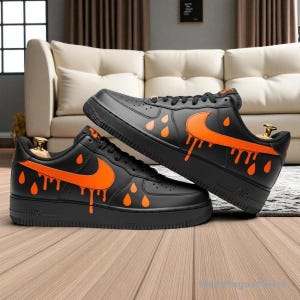 custom air force 1 black, Black Air Force 1 Custom, Orange Drip Swoosh Sneakers, Monochrome Classic Design, Black Swoosh Air Force 1 Custom