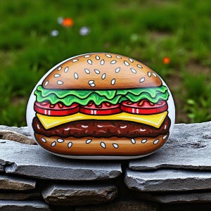 Hamburger painting rock, hamburger painted rock, cheeseburger rock painting, cheeseburger painted rock, handmade hamburger rock, Rock art