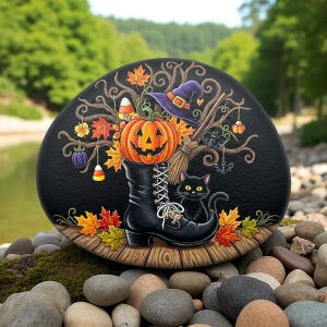 Halloween Painted Rock, Black Cat in Witch Boot with Pumpkin, Hand Painted Halloween Rock, Hand Painted Halloween Fall Decor, halloween art