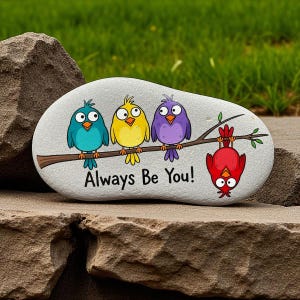 Always Be You Bird Painted Rock, funny Bird rock art, Motivational Rock Painting, Cute Bird Design, Bird Rock Painting, Bird pebble frame