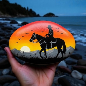 Cowboy Sunset Painted Rock, Western Cowboy Painted Rock, Sunset Western Art Stone, rustic country decor rock, hand painted horse riding