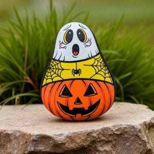 Halloween Painted Rock Set – Witch, Ghost, Skeleton, Pumpkin & Haunted House Spooky Decor, hand painted halloween stones, trick or treat art