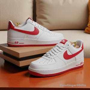 Red and White Custom Air Force 1, Minimalist Red Air Force 1 Custom, White Air Force 1 with Red Swoosh, Sporty Custom Design, Customs shoes