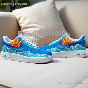 Custom Tropical Sunrise Air Force 1 Sneakers: Hand-Painted Ocean Wave AF1