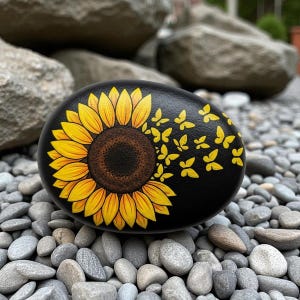 Sunflower and Butterfly Painted Rock, Hand Painted Positivity Stone Gift, Sunflower Painting Rock, Butterfly Rock art, butterfly art stone