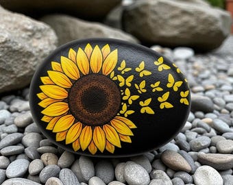 Sunflower and Butterfly Painted Rock, Hand Painted Positivity Stone Gift, Sunflower Painting Rock, Butterfly Rock art, butterfly art stone
