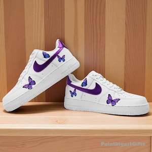 Custom Purple Pearlescent Drip Air Force 1, Purple Pearlescent Butterfly Custom Air Force 1 sneakers, Custom groom sneakers, bridal sneakers
