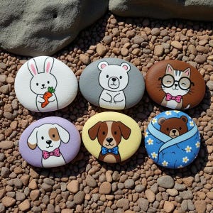 Animal Painted Rocks Set, Hand Painted Pet Stones with Bunny, Bear, Cat, and Dog, Cute Rock Art for Kids Room, Cartoon Style Painted Pebbles
