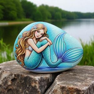Mermaid Sunset Painted Rock, Fantasy Mermaid Rock Painting, Ocean Sunset Hand Painted Stone, Mermaid and Sunset Ocean Waves, Ocean rock art