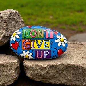 Motivational Painted Rock: Don&#39;t Give Up, Flower Heart Art