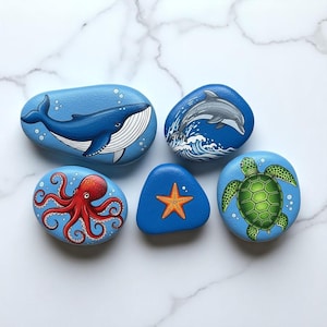 Ocean Animal Painted Rocks Set, Sea Creatures Learning Toy for Kids, ocean animal rocks art, hand painted sea stones, educational stone set