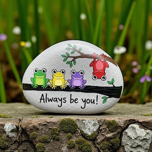 Always Be You Frog Painted Rock, funny Frog rock art, Motivational Rock Painting, Cute Frog Design, Frog Rock Painting, Frog pebble frame