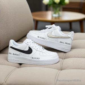 Custom Matching Wedding Sneakers for Couples, Pearl & Rhinestone custom Air Force 1, Bride And Groom Pearl Crystal Shoes, custom bride shoes