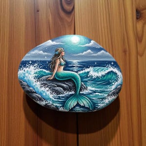 Mermaid Sunset Painted Rock, Fantasy Mermaid Rock Painting, Ocean Sunset Hand Painted Stone, Mermaid and Sunset Ocean Waves, Ocean rock art