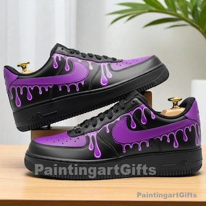 Purple Drip Custom, Purple Drip Sneakers, Custom Purple Drip Air Force 1, Air Force 1 Custom Black with Purple Drip Swoosh, purple drip af1