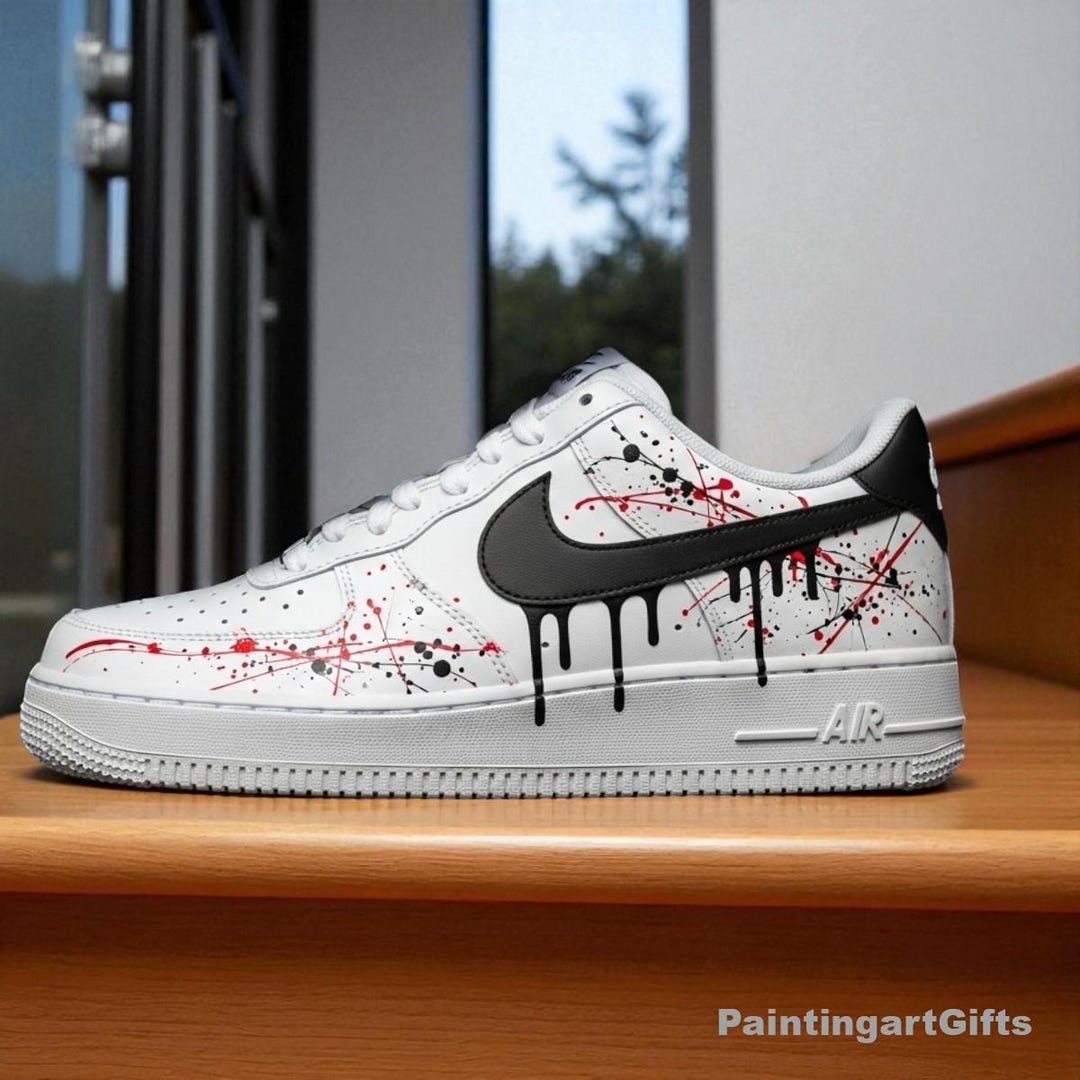 Custom Drip & Splatter Air Force 1, Hand Painted Black Swoosh With Red ...