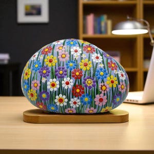 Colorful Wildflower Painted Rock, Hand Painted Floral Garden Stone, Hand Painted Rock with Meadow Flowers, Botanical Decor Stone Art