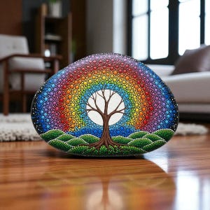 Piedra pintada con el árbol de la vida y mandala arcoíris, piedra pintada a mano con el árbol de la vida, piedra con mandala de puntos coloridos, piedra con mandala del árbol de la vida